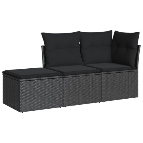 3-Piece Garden Sofa Set with Cushions Black Poly Rattan Wicker Outdoor Patio Furniture