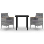 3-Piece Garden Dining Set with Cushions Poly Rattan Wicker Outdoor Patio Furniture Glass