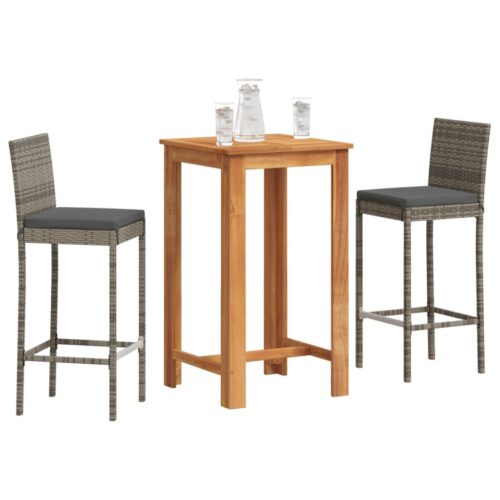3-Piece Garden Bar Set Grey Wood Timber Outdoor Patio Furniture Acacia Poly Rattan Wicker Outdoor Patio Furniture
