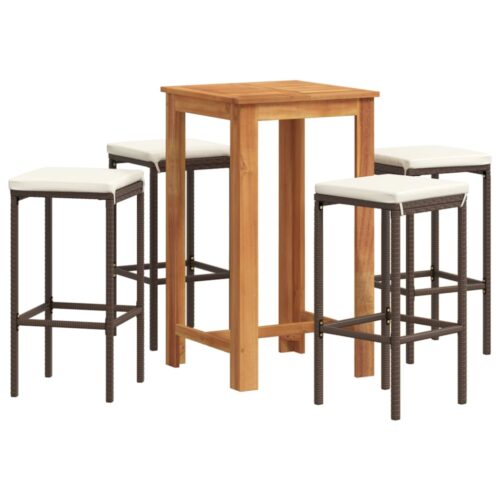 5-Piece Garden Bar Set Brown Wood Timber Outdoor Patio Furniture Acacia Poly Rattan Wicker Outdoor Patio Furniture - Image 2