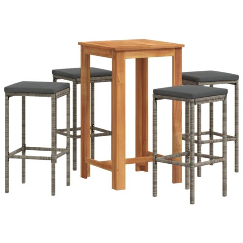 5-Piece Garden Bar Set Grey Wood Timber Outdoor Patio Furniture Acacia Poly Rattan Wicker Outdoor Patio Furniture - Image 2