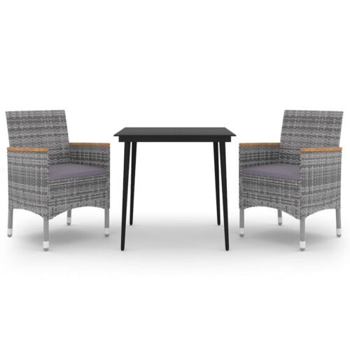 3-Piece Garden Dining Set with Cushions Poly Rattan Wicker Outdoor Patio Furniture Glass