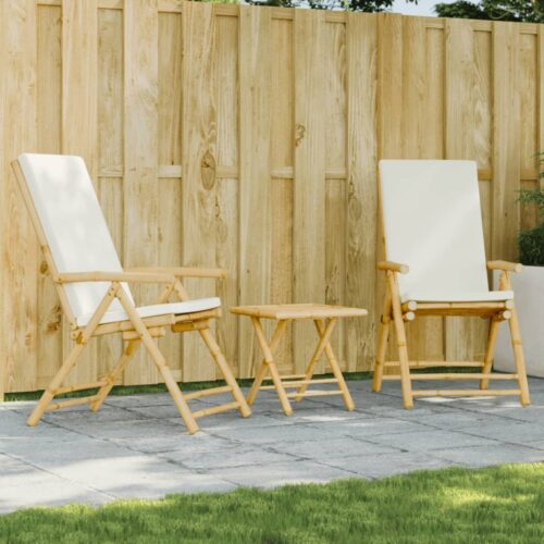 3-Piece Folding Bistro Set with Cream White Cushions Bamboo Outdoor Garden Patio Dining Lounge Furniture - Image 12
