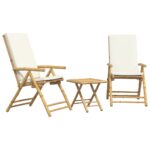 3-Piece Folding Bistro Set with Cream White Cushions Bamboo Outdoor Garden Patio Dining Lounge Furniture