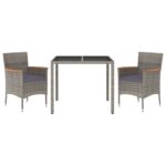 3-Piece Garden Dining Set with Cushions Grey Poly Rattan Wicker Outdoor Patio Furniture