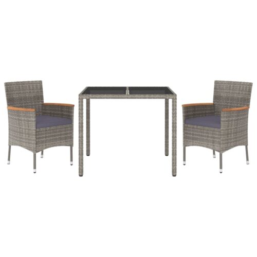 3-Piece Garden Dining Set with Cushions Grey Poly Rattan Wicker Outdoor Patio Furniture