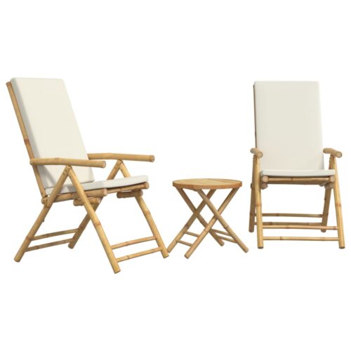 3-Piece Folding Bistro Set with Cream White Cushions Bamboo Outdoor Garden Patio Dining Lounge Furniture