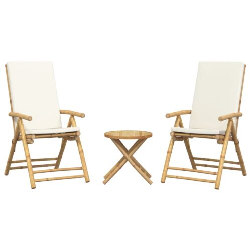 3-Piece Folding Bistro Set with Cream White Cushions Bamboo Outdoor Garden Patio Dining Lounge Furniture - Image 3