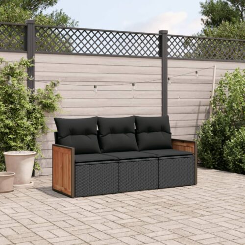 3-Piece Garden Sofa Set with Cushions Black Poly Rattan Wicker Outdoor Patio Furniture - Image 4