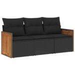 3-Piece Garden Sofa Set with Cushions Black Poly Rattan Wicker Outdoor Patio Furniture