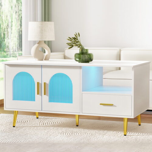 Artiss LED Coffee Table Shelf Drawer Storage White - Image 8