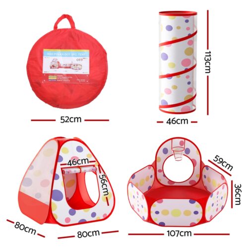 Keezi Kids Playhouse Play Tent Pop Up Teepee Ball Pit Tunnel Basketball Hoop Red - Image 2