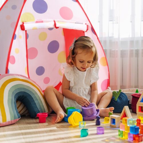 Keezi Kids Playhouse Play Tent Pop Up Teepee Ball Pit Tunnel Basketball Hoop Red - Image 4