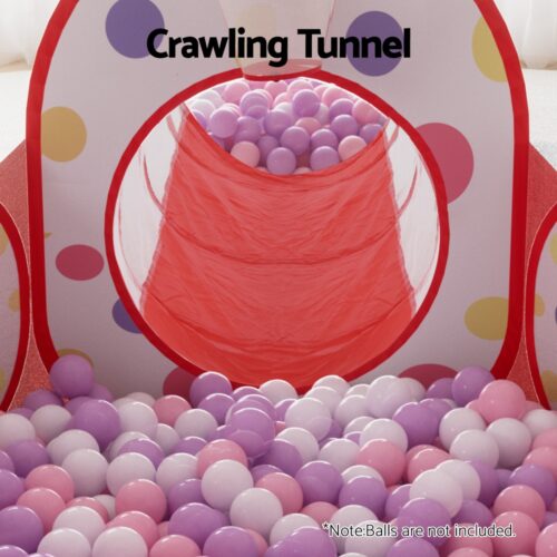 Keezi Kids Playhouse Play Tent Pop Up Teepee Ball Pit Tunnel Basketball Hoop Red - Image 6