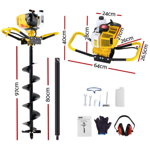 Giantz 74CC Post Hole Digger 200mm Petrol Drill Auger Extension Bits - Image 2