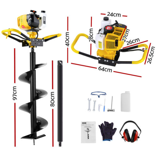 Giantz 74CC Post Hole Digger 300mm Petrol Drill Auger Extension Bits - Image 2