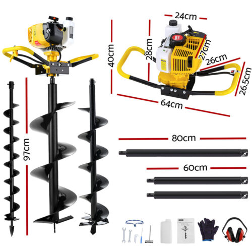Giantz 74CC Post Hole Digger Petrol Motor Drill Extension Auger Bits Kits - Image 2