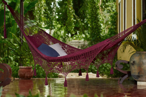 Outdoor undercover cotton Mayan Legacy hammock with hand crocheted tassels King Size Maroon - Image 3
