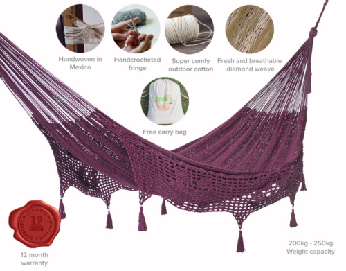 Outdoor undercover cotton Mayan Legacy hammock with hand crocheted tassels Queen Size Maroon - Image 2