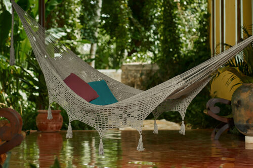 Outdoor undercover cotton Mayan Legacy hammock with hand crocheted tassels Queen Size Dream Sands - Image 2