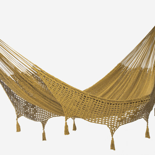 Outdoor undercover cotton Mayan Legacy hammock with hand crocheted tassels King Size Mustard