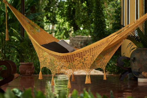 Outdoor undercover cotton Mayan Legacy hammock with hand crocheted tassels King Size Mustard - Image 2