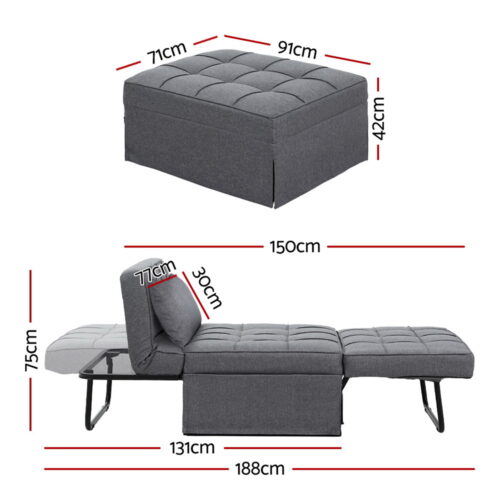 Artiss Sofa Bed Lounge Convertible Ottoman 1 Seater Couch Recliner Linen Grey - Image 2