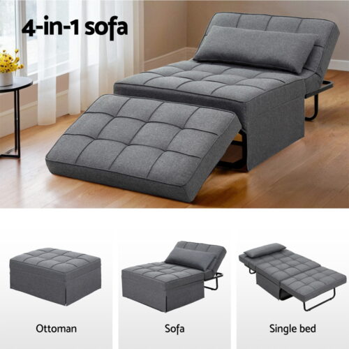 Artiss Sofa Bed Lounge Convertible Ottoman 1 Seater Couch Recliner Linen Grey - Image 4