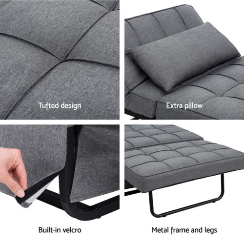 Artiss Sofa Bed Lounge Convertible Ottoman 1 Seater Couch Recliner Linen Grey - Image 6