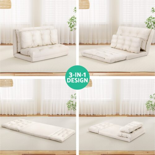 Artiss Floor Lounge Sofa Bed 2 Seater Pillow Leather White - Image 4