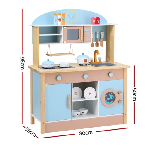 Keezi Kids Wooden Pretend Kitchen Play Sets Cooking Toys Pot Pan Bowls Oven Dishwasher 80CM Blue - Image 2