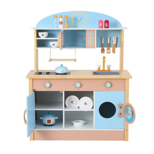Keezi Kids Wooden Pretend Kitchen Play Sets Cooking Toys Pot Pan Bowls Oven Dishwasher 80CM Blue - Image 3