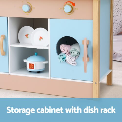Keezi Kids Wooden Pretend Kitchen Play Sets Cooking Toys Pot Pan Bowls Oven Dishwasher 80CM Blue - Image 6