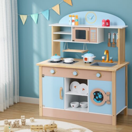 Keezi Kids Wooden Pretend Kitchen Play Sets Cooking Toys Pot Pan Bowls Oven Dishwasher 80CM Blue - Image 7