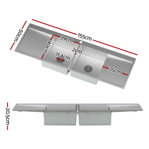 Cefito Kitchen Sink Basin Stainless Steel Under/Top/Flush Mount Bowl 155X50CM - Image 2