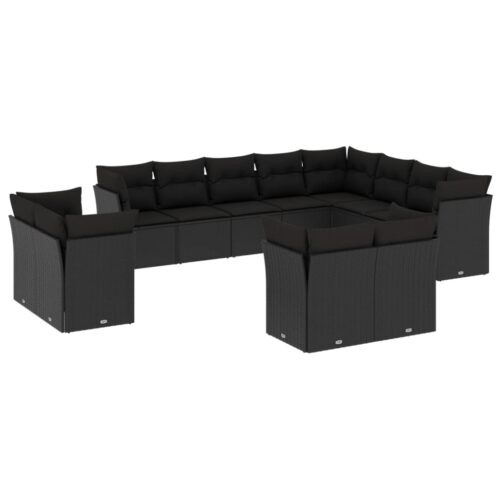 12-Piece Garden Sofa Set with Cushions Black Poly Rattan