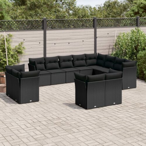 12-Piece Garden Sofa Set with Cushions Black Poly Rattan - Image 2