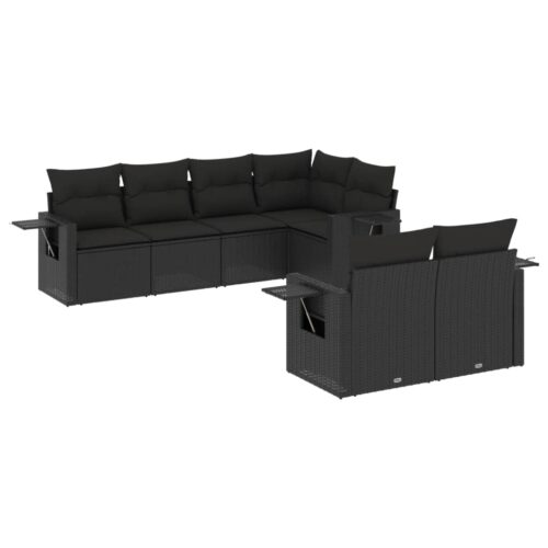 7-Piece Garden Sofa Set with Cushions Black Poly Rattan Wicker Outdoor Patio Furniture