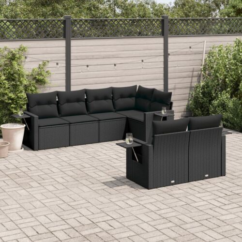 7-Piece Garden Sofa Set with Cushions Black Poly Rattan Wicker Outdoor Patio Furniture - Image 2