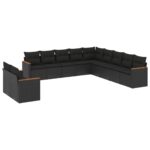 11-Piece Garden Sofa Set with Cushions Black Poly Rattan Wicker Outdoor Patio Furniture