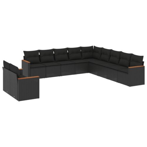 11-Piece Garden Sofa Set with Cushions Black Poly Rattan Wicker Outdoor Patio Furniture