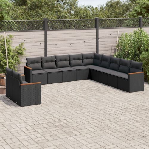 11-Piece Garden Sofa Set with Cushions Black Poly Rattan Wicker Outdoor Patio Furniture - Image 2