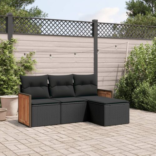 4-Piece Garden Sofa Set with Cushions Black Poly Rattan Wicker Outdoor Patio Furniture - Image 2