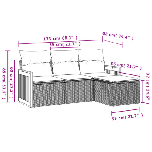 4-Piece Garden Sofa Set with Cushions Black Poly Rattan Wicker Outdoor Patio Furniture - Image 3