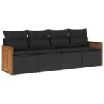 4-Piece Garden Sofa Set with Cushions Black Poly Rattan Wicker Outdoor Patio Furniture