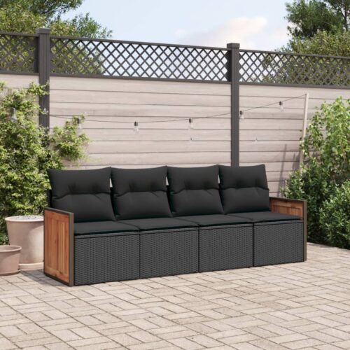 4-Piece Garden Sofa Set with Cushions Black Poly Rattan Wicker Outdoor Patio Furniture - Image 2