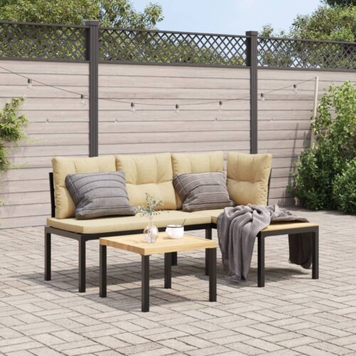 Garden Bench Set with Cushions 3pcs Black Powder-coated Steel Outdoor Patio Furniture - Image 2