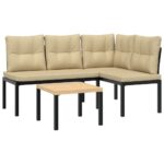 Garden Bench Set with Cushions 3pcs Black Powder-coated Steel Outdoor Patio Furniture