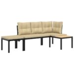 Garden Bench Set with Cushions 3pcs Black Powder-coated Steel Outdoor Patio Furniture