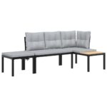 Garden Bench Set with Cushions 3pcs Black Powder-coated Steel Outdoor Patio Furniture
